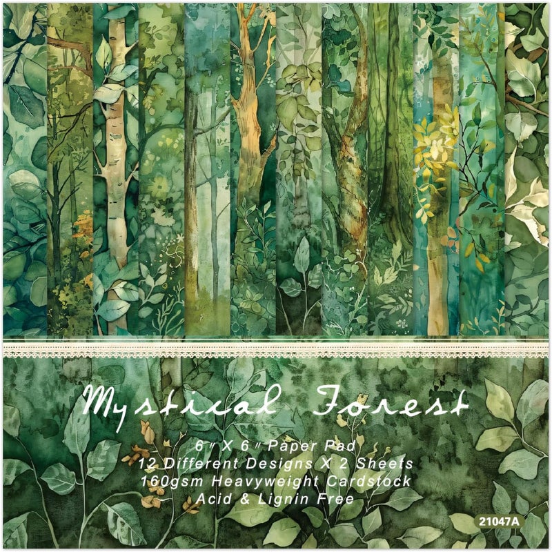 WLXTREE Scrapbook Paper Pad - 6×6 inch Green Forest Patterned Decorative Craft Paper for Scrapbooking Planner Bullet Junk Journal Supplies Mixed Media Collage Card Making，24 Sheets - Image 1
